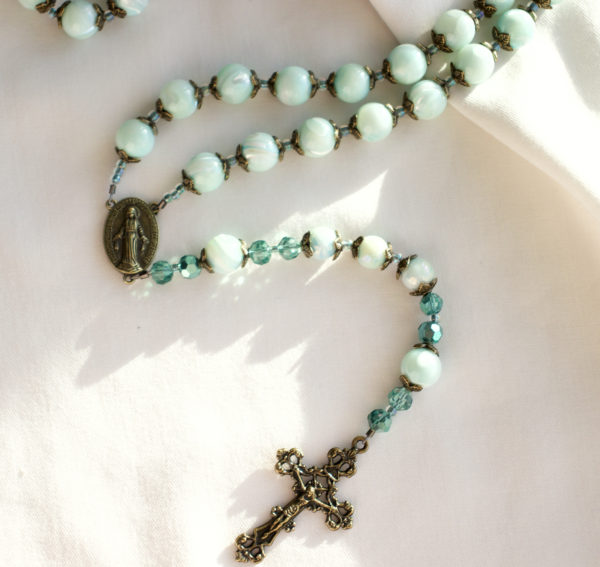 Green Shell Glass Bead Rosary - Image 7