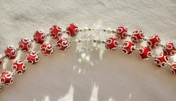 Red with Silver Cap Wire Rosary - Image 4