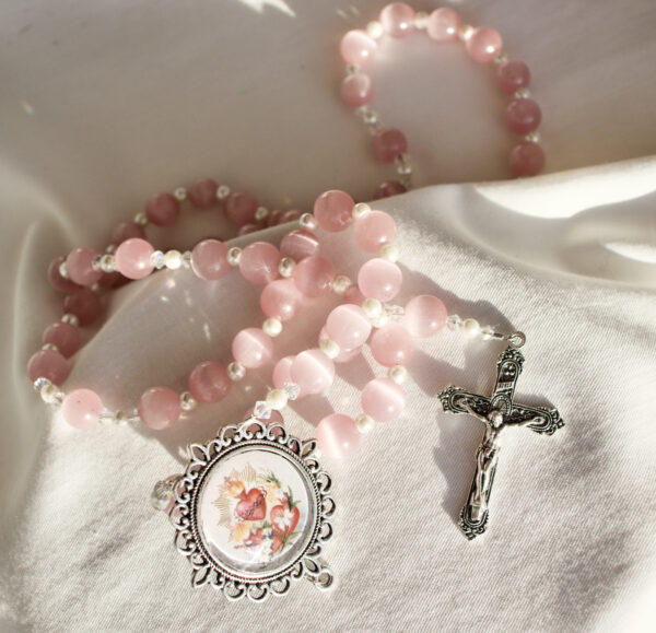 Pink Cat's Eye Wire Rosary - Image 2