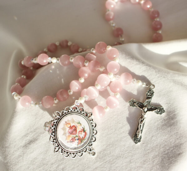 Pink Cat's Eye Wire Rosary - Image 4